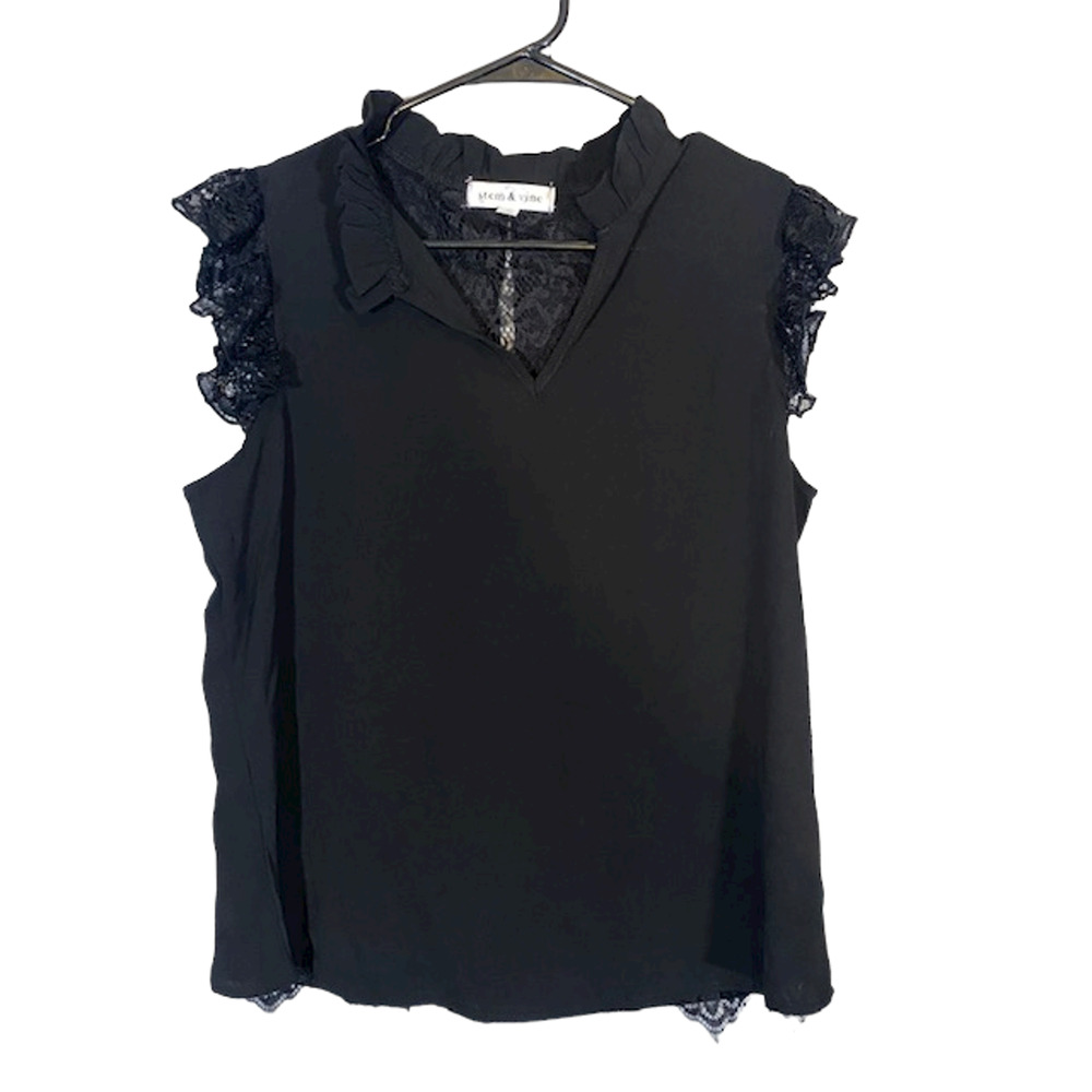 Stem & Vine Black Lace Open Back Blouse Women Split Back Casual Dressy Top Sz M